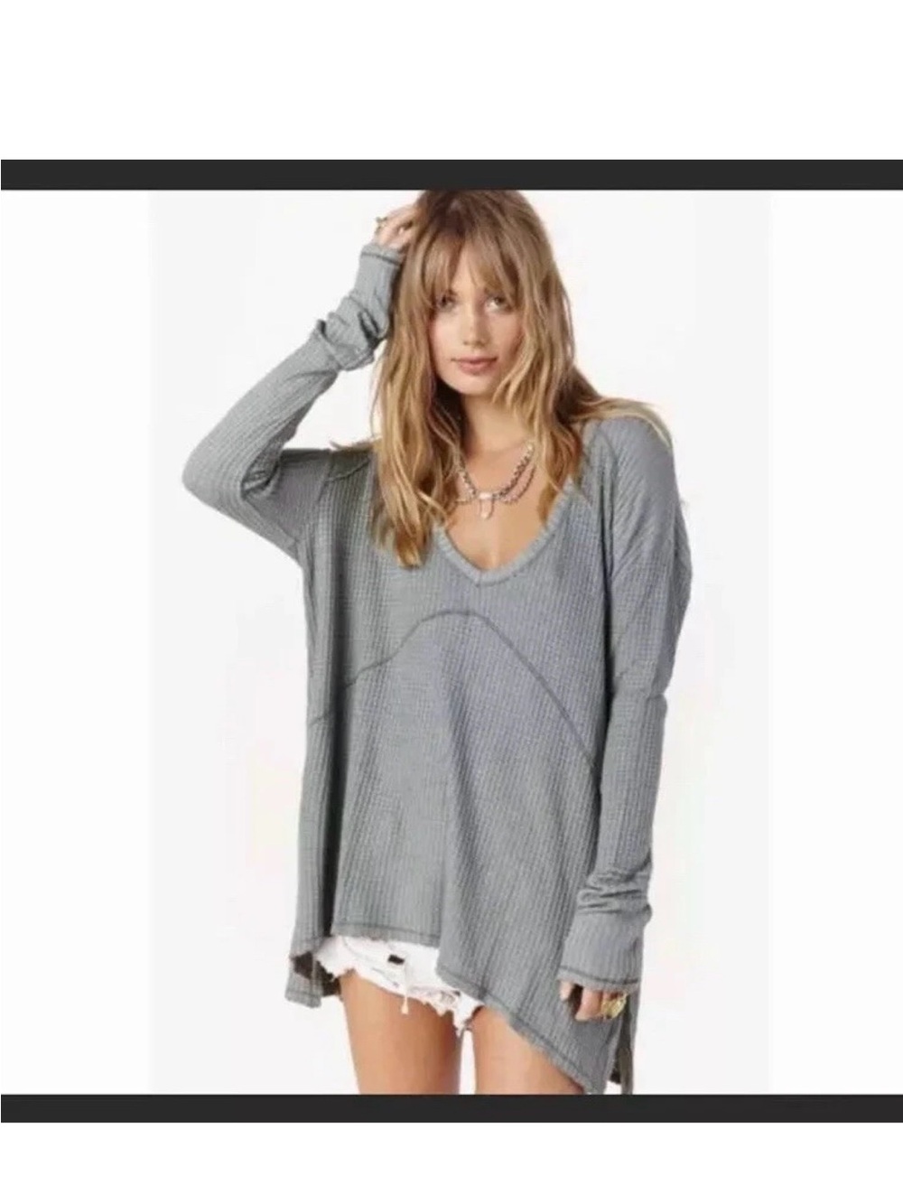 Free People Sunset Park Drippy Thermal Waffle Knit Tunic Blouse Top Oversized S